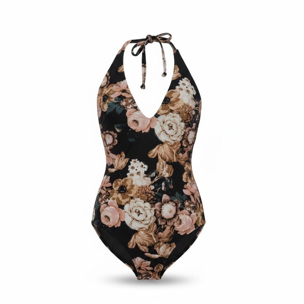 Beach Riot Floral Halter One Piece Swimsuit Black XS Plunge V Neck Cheeky Beach